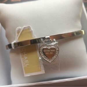 Michael Kors Silver Heart Charm Hinged Bangle Bracelet Pavé Crystal NWT